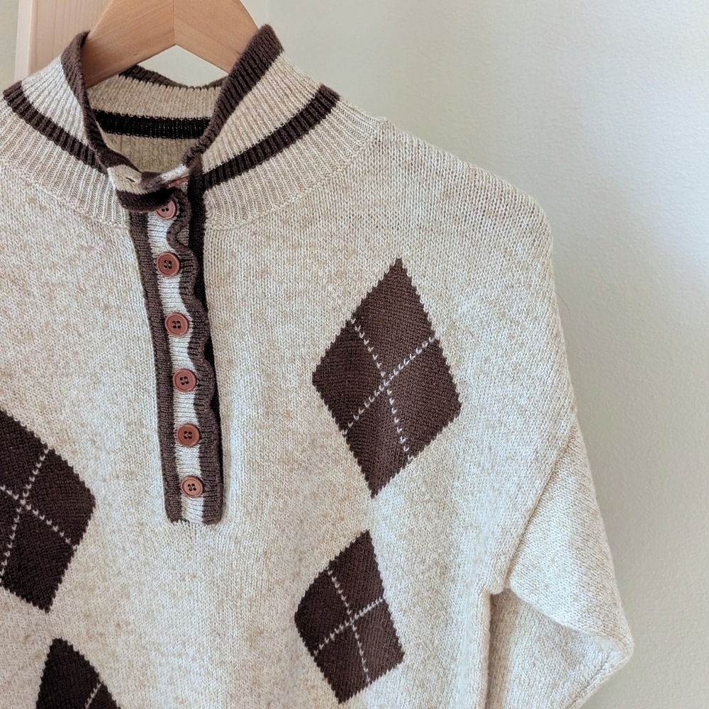 Vintage Geometric Argyle Patterned 1/4 Button Up Collared Sweater In Ivory/Brown - Picture 3 of 8